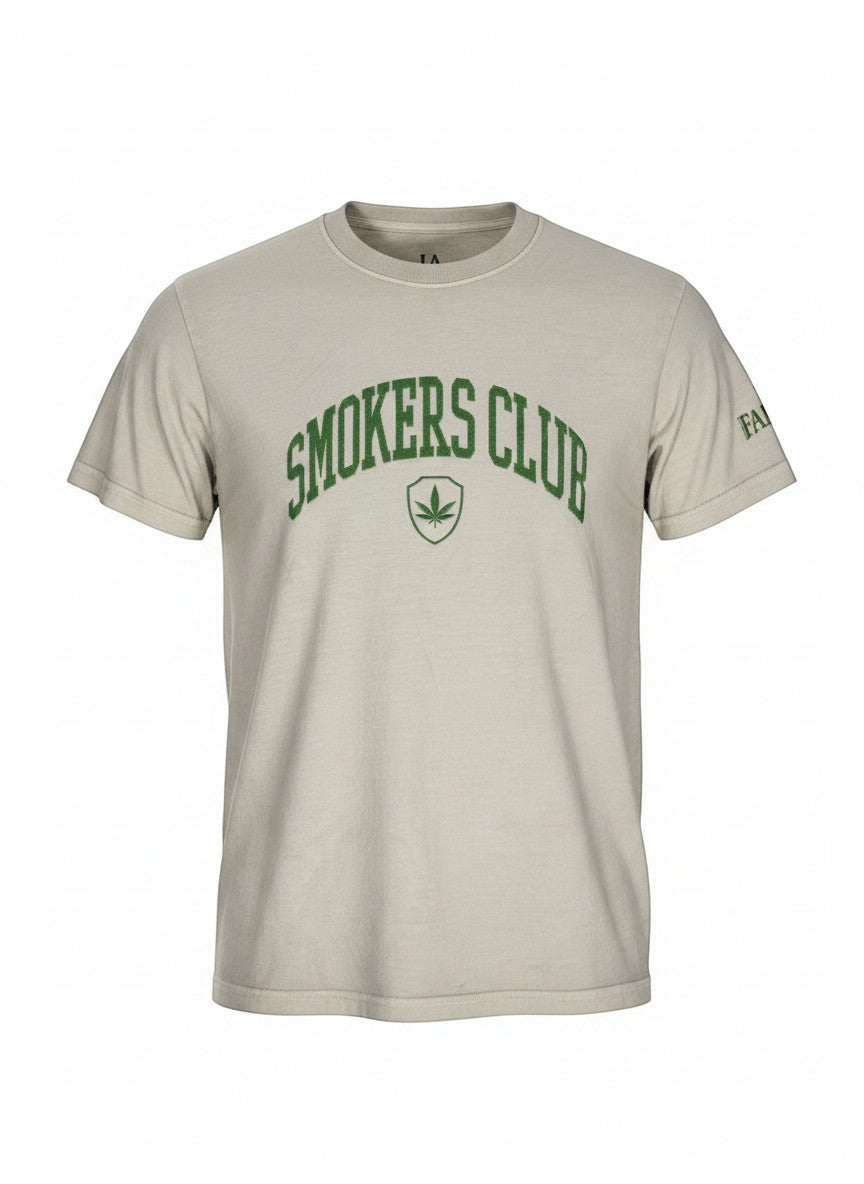Throwback Rack light beige cotton t-shirt with green "Smokers Club" arched embroidery and a shield logo with a cannabis leaf.