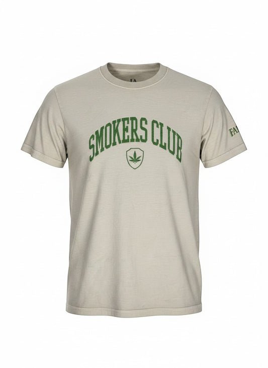 Throwback Rack light beige cotton t-shirt with green "Smokers Club" arched embroidery and a shield logo with a cannabis leaf.