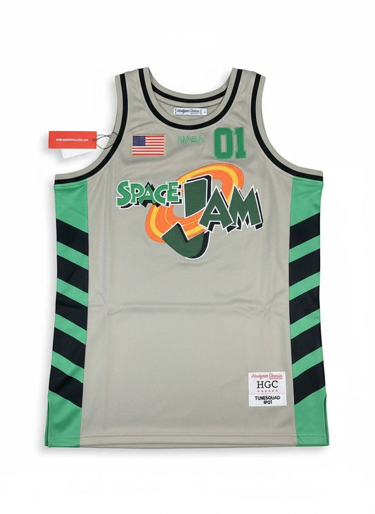 Throwback Rack grey Space Jam Tune Squad basketball jersey with green and black side panels and embroidered patches.