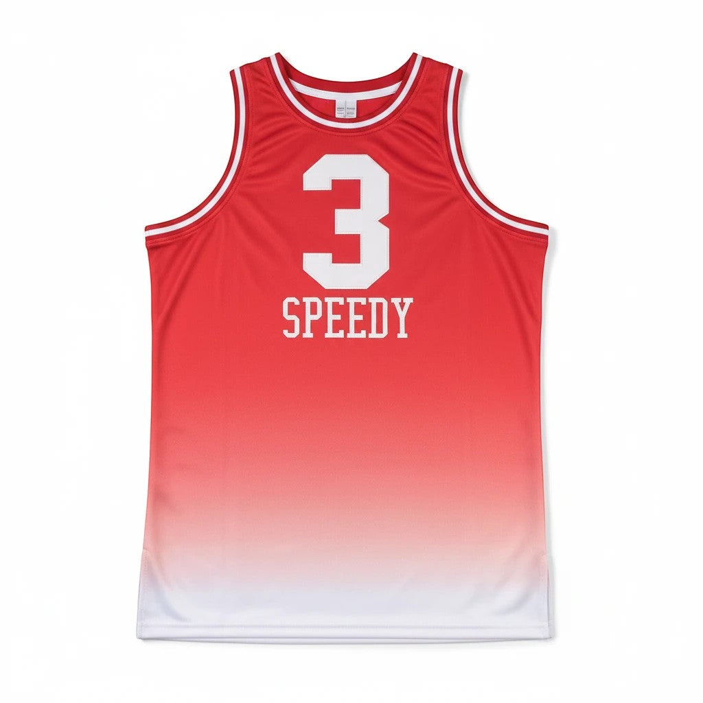 Throwback Rack red and white gradient basketball jersey featuring the number 3 and SPEEDY text on the back.