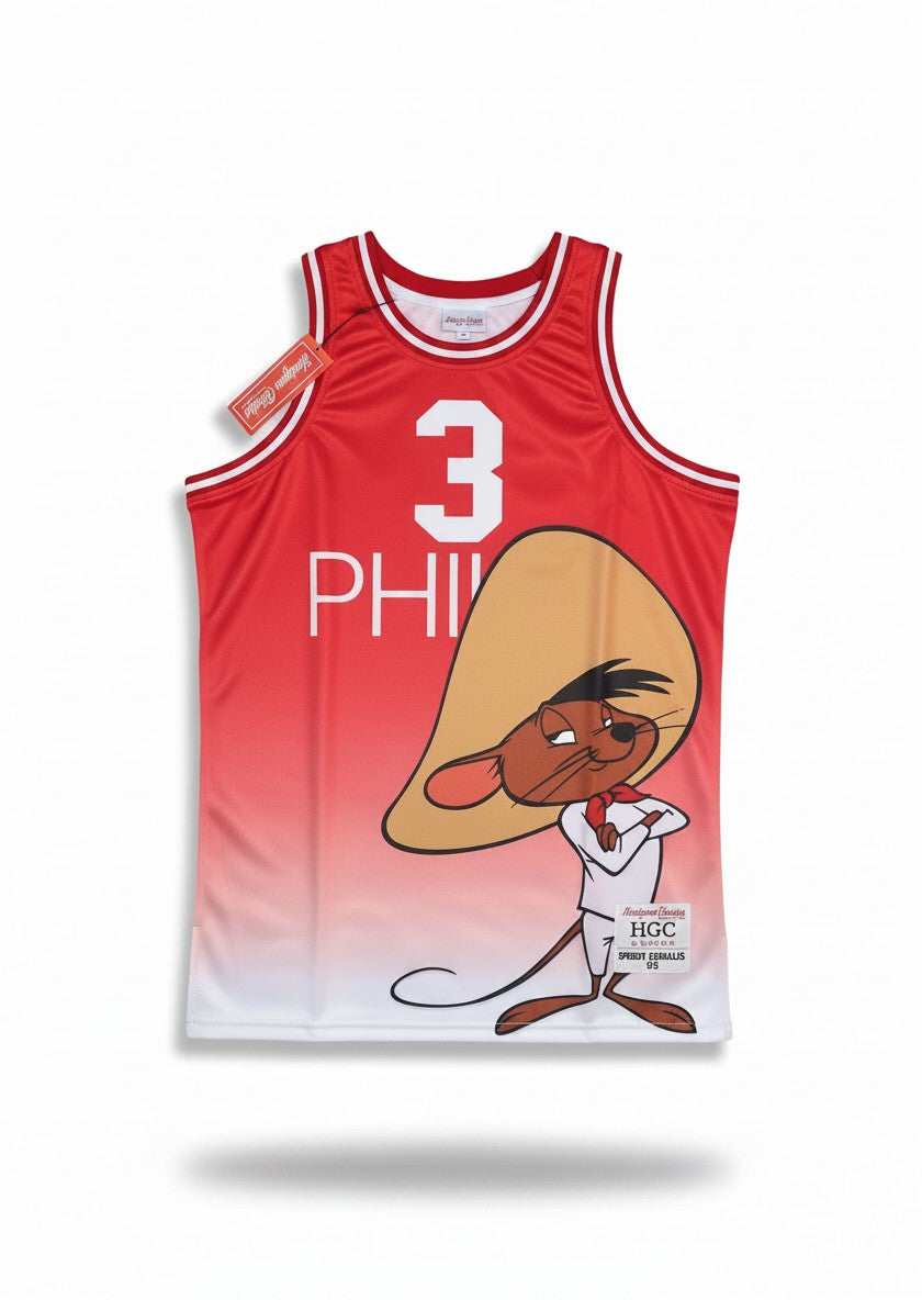 Throwback Rack Speedy Gonzales basketball jersey in red and white mesh with number 3 and character graphic