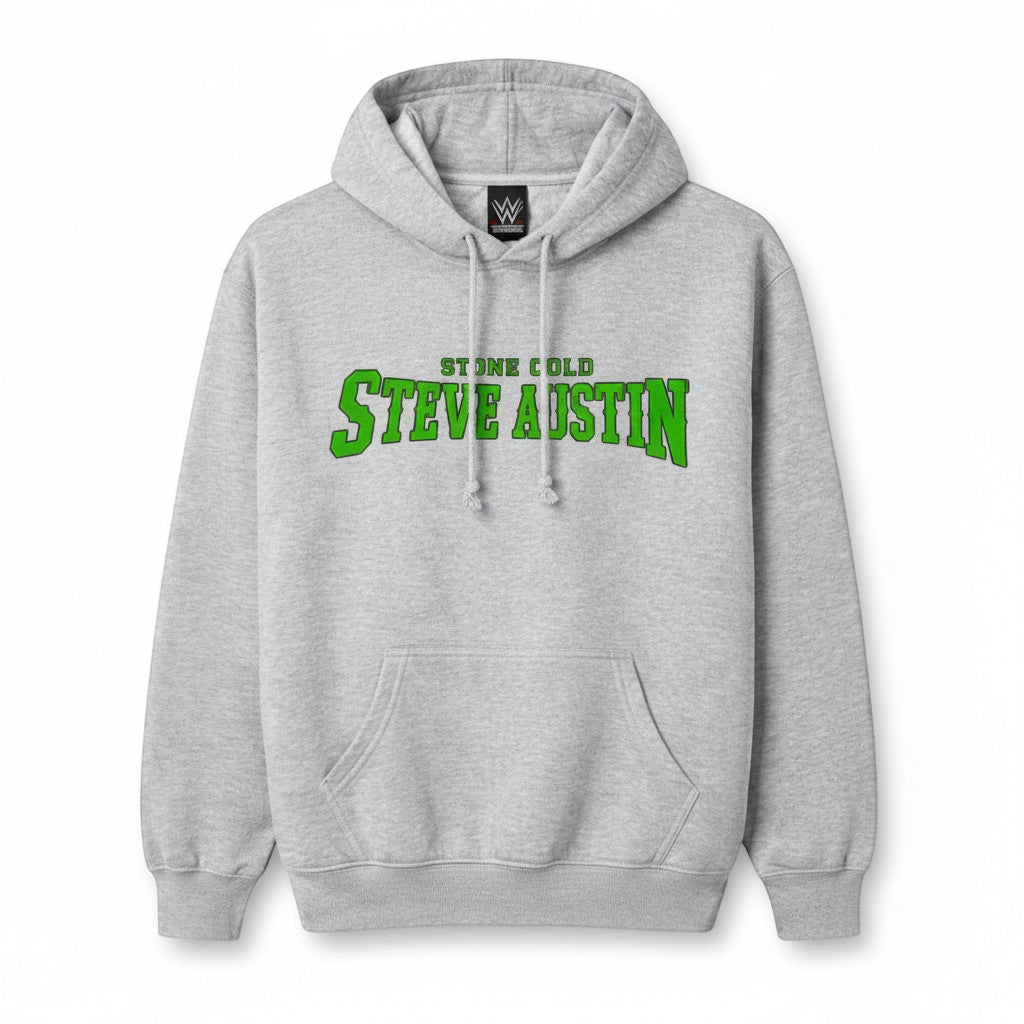 Throwback Rack grey cotton hoodie with "Stone Cold Steve Austin" graphic in green.