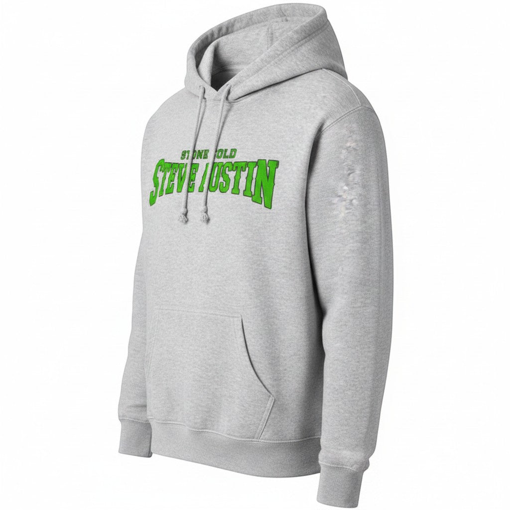 Throwback Rack grey cotton hoodie with "STONE COLD STEVE AUSTIN" graphic in green.