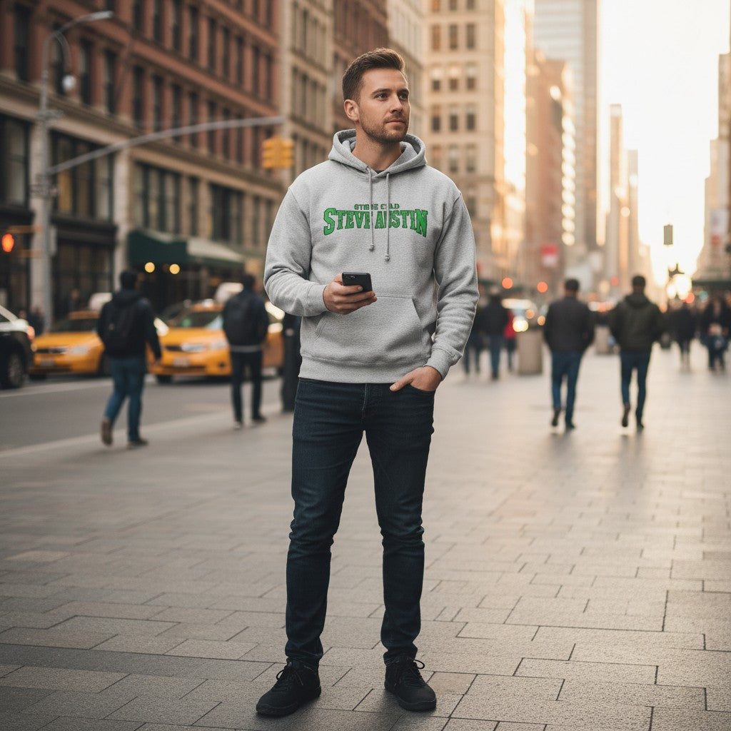 Throwback Rack grey cotton hoodie with "Stone Cold Steve Austin" graphic print in green. Model holds coffee cup.
