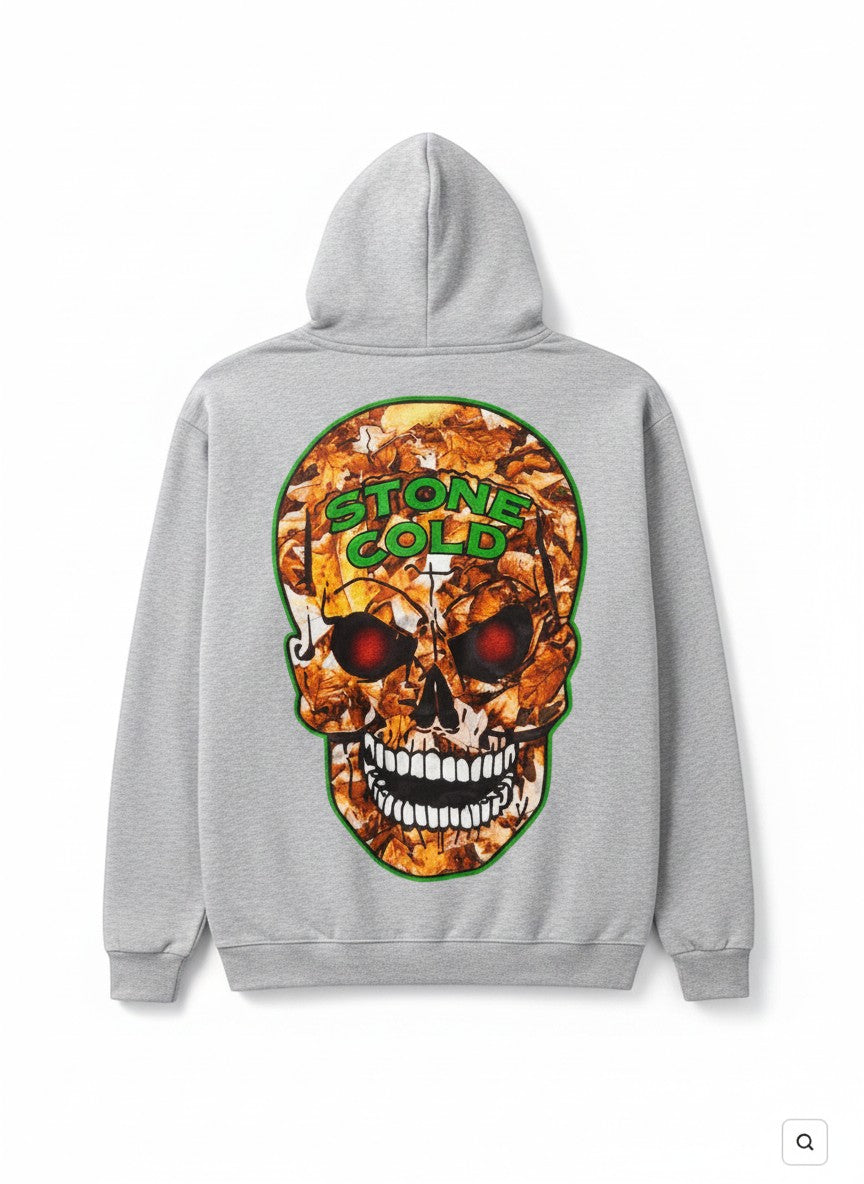 Throwback Rack grey cotton hoodie with a large graphic of a skull filled with autumn leaves and red eyes. "STONE COLD" text above the skull.
