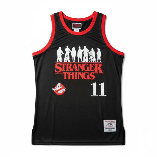 Throwback Rack Stranger Things and Ghostbusters basketball jersey in black polyester mesh with red trim and graphics.