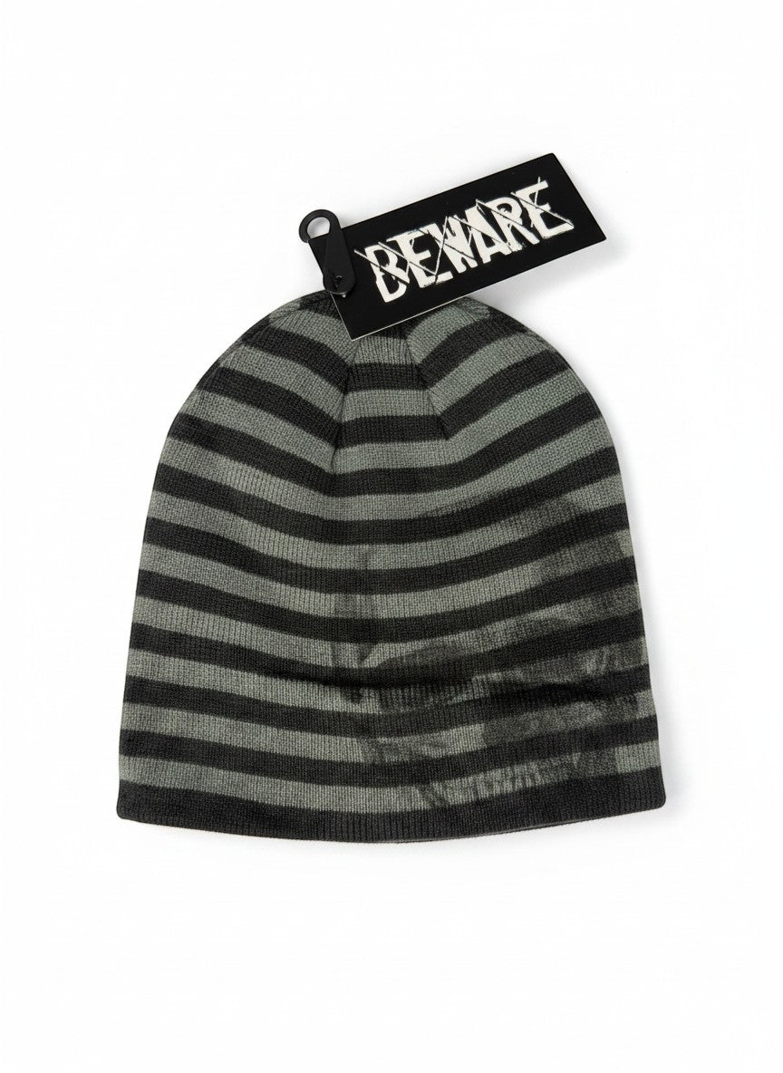 Throwback Rack grey and black striped knit beanie with a grunge aesthetic and 'BEWARE' tag.