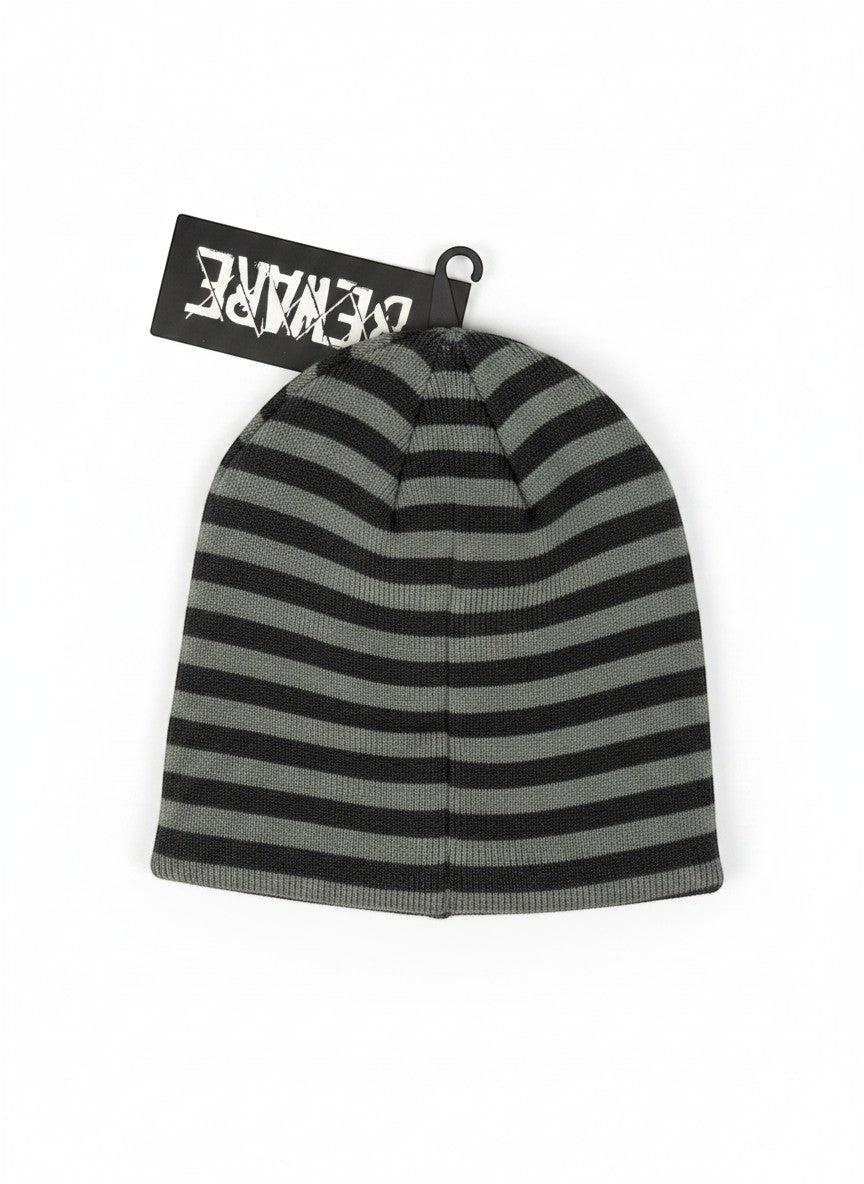 Throwback Rack grey and black striped knit beanie with 'Beware' tag.
