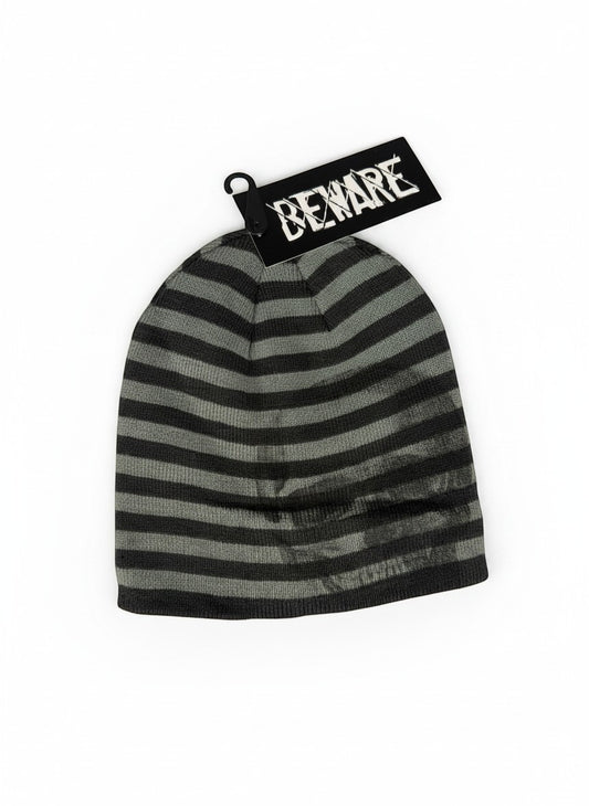 Throwback Rack grey and black striped knit beanie with "BEWARE" tag. One size fits most.
