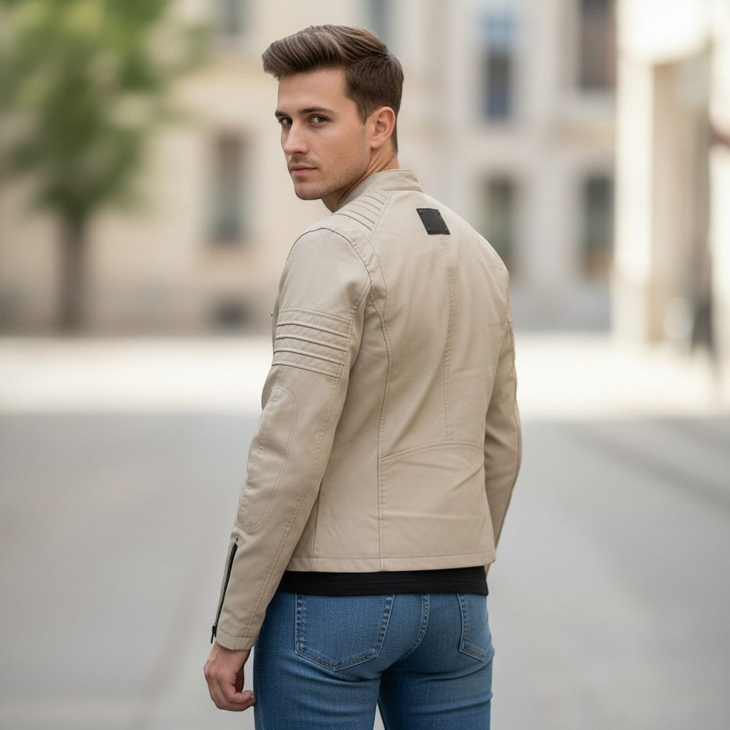 Throwback Rack tan faux leather moto jacket with quilted shoulder details and black logo patch on a woman wearing blue jeans.