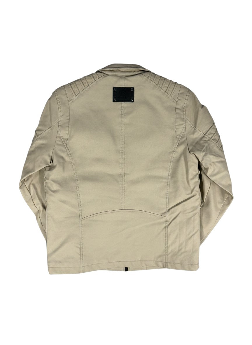 Throwback Rack tan faux leather moto jacket with quilted shoulder detail and black logo patch.