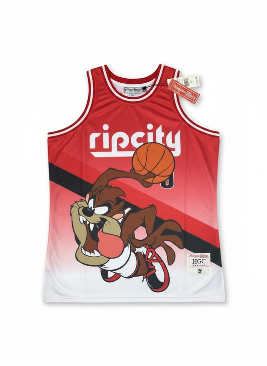 Throwback Rack Portland Trail Blazers Taz Rip City basketball jersey in red and white mesh with Tasmanian Devil graphic