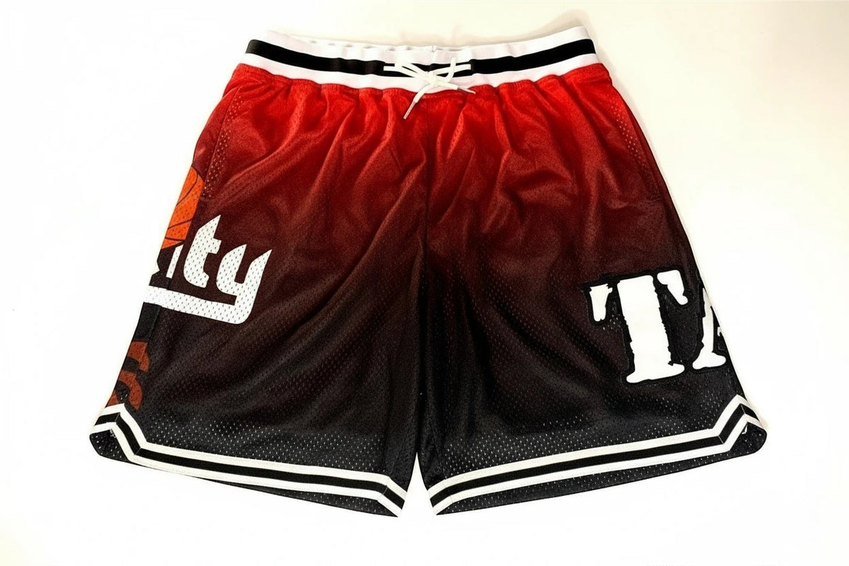 Throwback Rack Headgear Classics basketball shorts in red and black mesh with Taz and Rip City graphic embroidery.