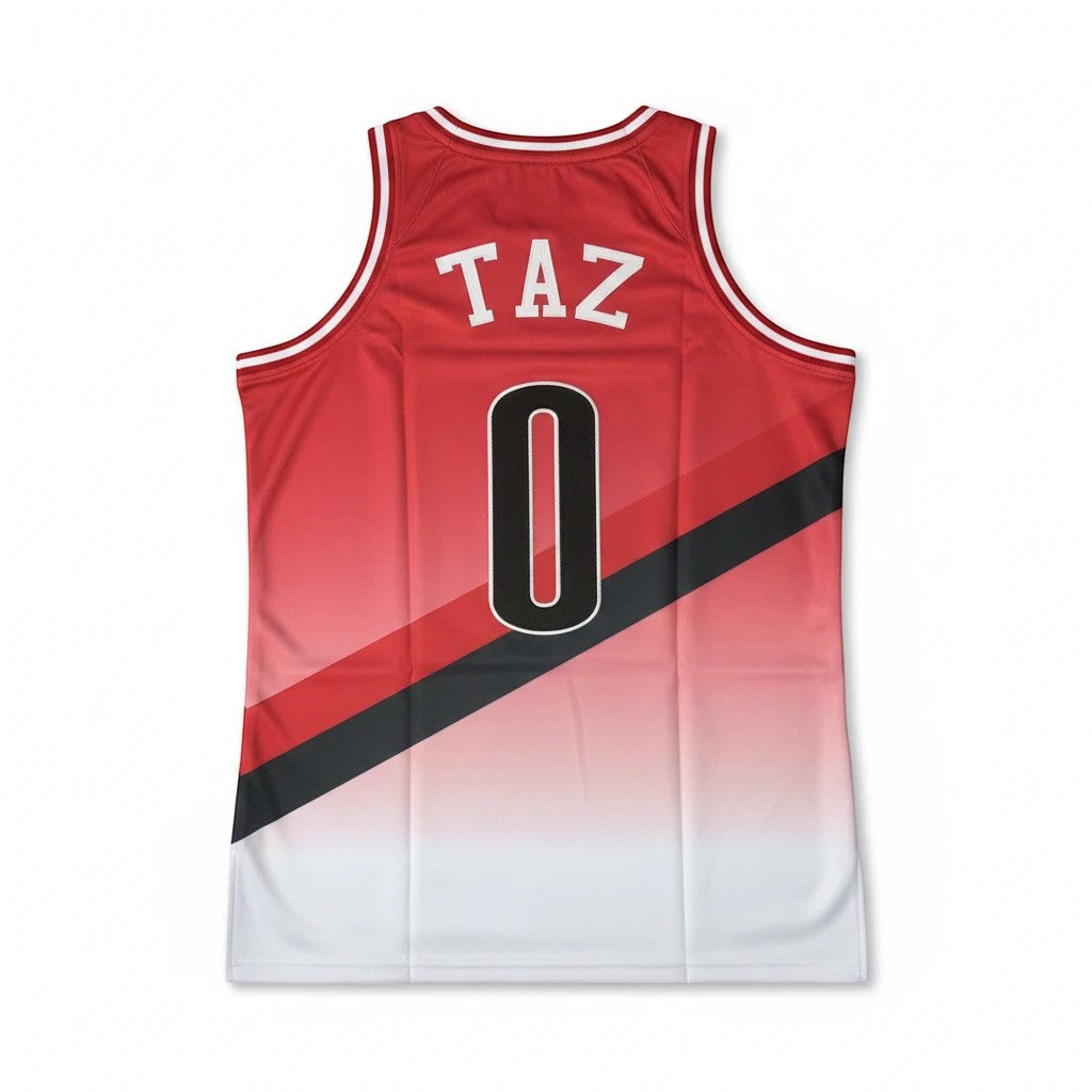 Back view of Throwback Rack Portland Trail Blazers Taz Rip City basketball jersey in red and white gradient mesh.