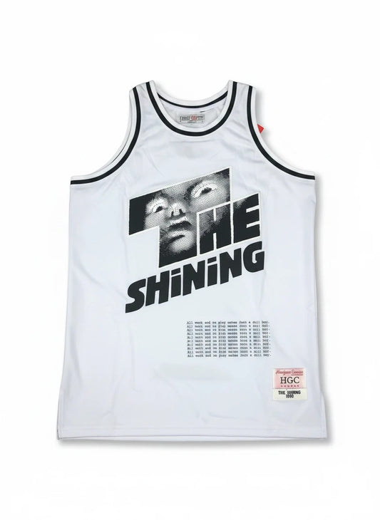 Throwback Rack The Shining basketball jersey in white mesh with black graphic print and embroidered HGC patch.