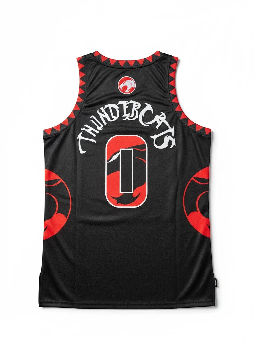 Throwback Rack THUNDERCATS black polyester basketball jersey with red trim and white lettering, size XL.