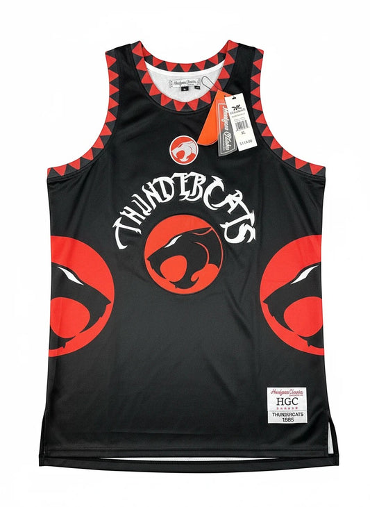 Throwback Rack THUNDERCATS black polyester basketball jersey with red trim and embroidered logo, size XL.