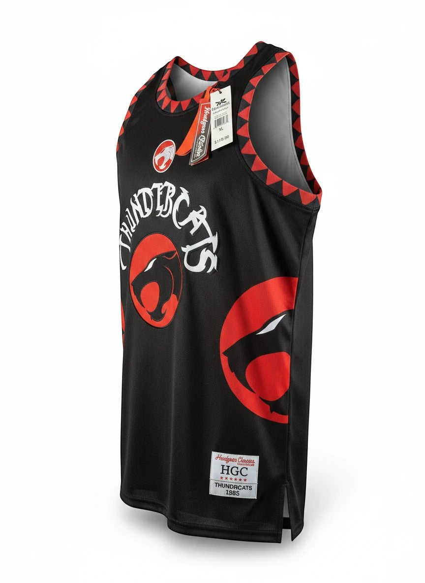 Throwback Rack THUNDERCATS black polyester basketball jersey with red trim and embroidered graphics, size XL.