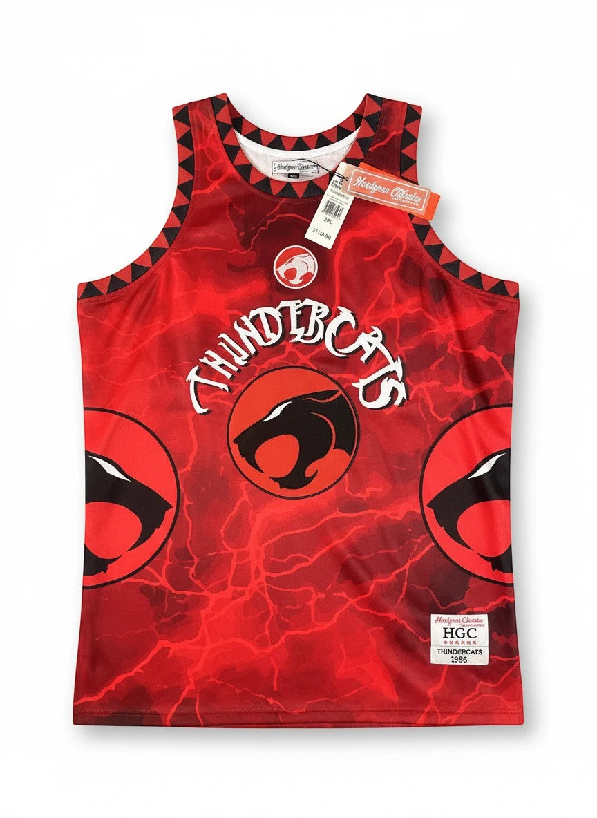 Throwback Rack Thundercats red basketball jersey with lightning print and graphic logos. Officially licensed 80s apparel.