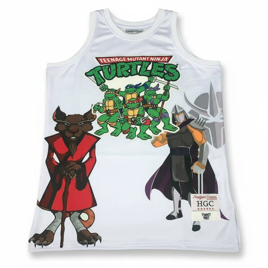 Throwback Rack white sleeveless tank top featuring Teenage Mutant Ninja Turtles, Master Splinter, and Shredder graphics.