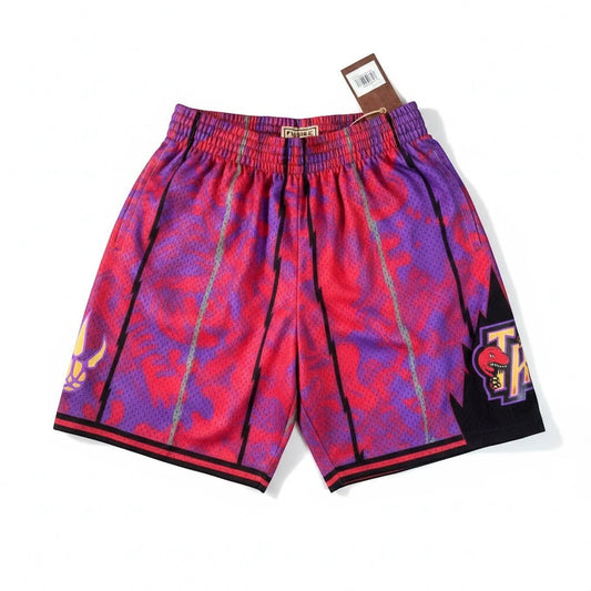 Throwback Rack Toronto Raptors purple and red basketball shorts with camouflage pattern and team logo.