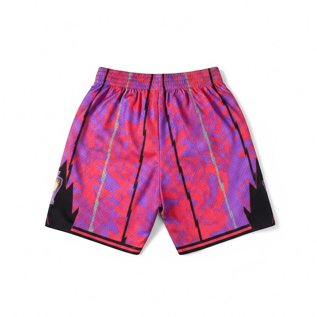 Throwback Rack Toronto Raptors purple and pink graphic print basketball shorts with black accents and elastic waistband.