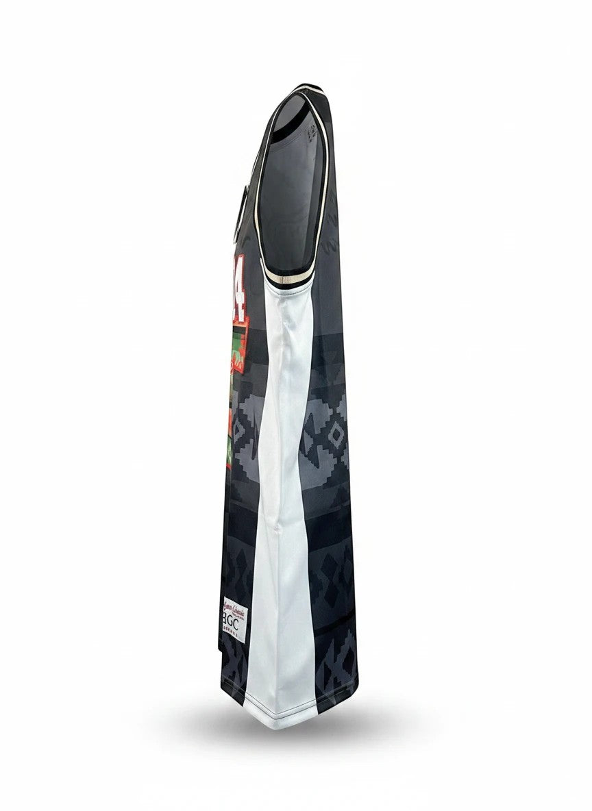 Throwback Rack Men's Tribal Tisa Basketball Jersey with geometric print, black, white, red, green, orange, and number 74.