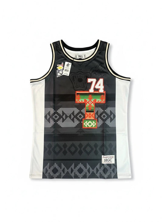 Throwback Rack Men's Tribal Tisa Basketball Jersey with geometric print, white side panels, and "T 74" graphic.