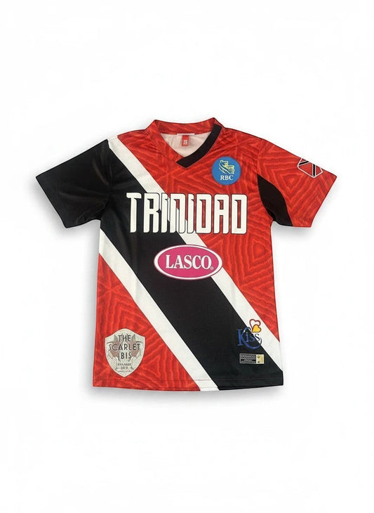 Throwback Rack Trinidad 1990 World Cup Soccer Jersey, red, black, white, geometric pattern, number 19 on back