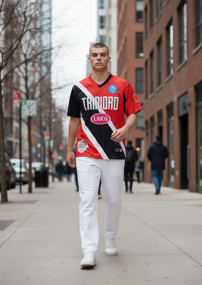 Throwback Rack Trinidad 1990 World Cup Soccer Jersey, red, black, and white with geometric pattern and sponsor logos.