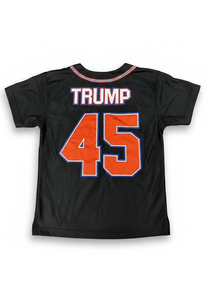 Throwback Rack black mesh baseball jersey with "TRUMP 45" in orange and white lettering.