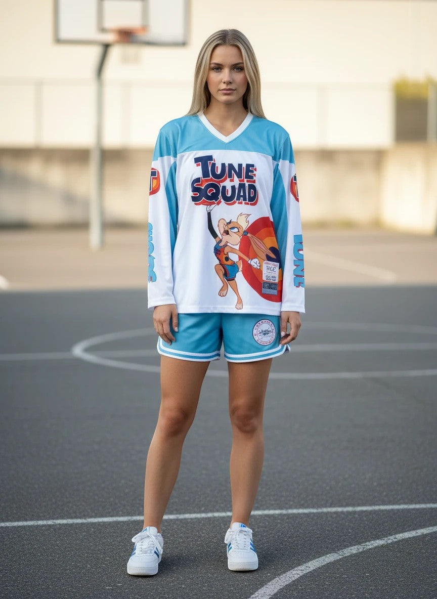 Throwback Rack white long sleeve Tune Squad Lola Bunny hockey jersey with blue accents and matching shorts.