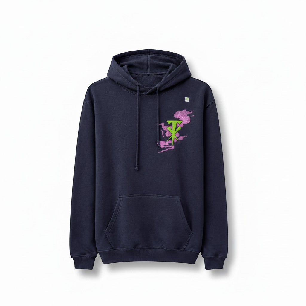 Throwback Rack navy blue cotton hoodie with Undertaker graphic on chest. Features a front pocket and drawstring hood.