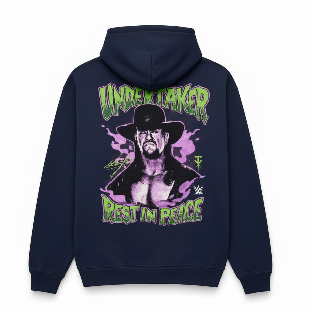 Throwback Rack navy blue cotton hoodie featuring Undertaker graphic with "Undertaker Rest In Peace" text.