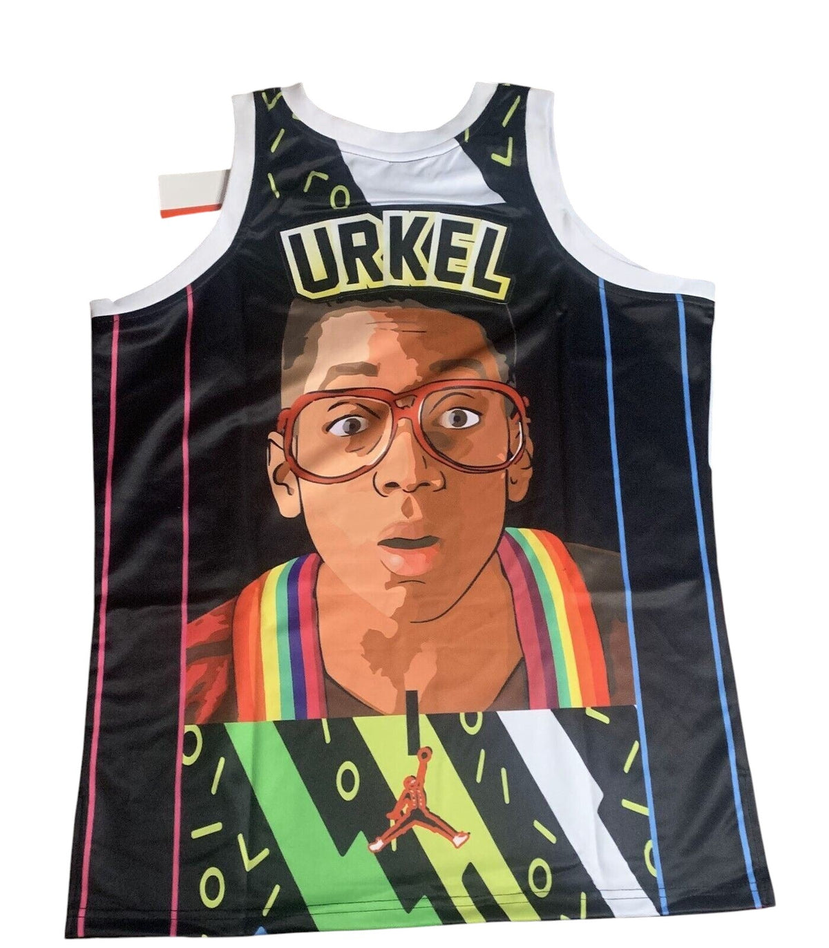 Throwback Rack Family Matters Steve Urkel graphic basketball jersey in black with rainbow suspender print