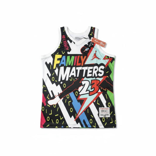Throwback Rack Family Matters Urkel basketball jersey featuring a vibrant 90s geometric print and number 23 graphic.