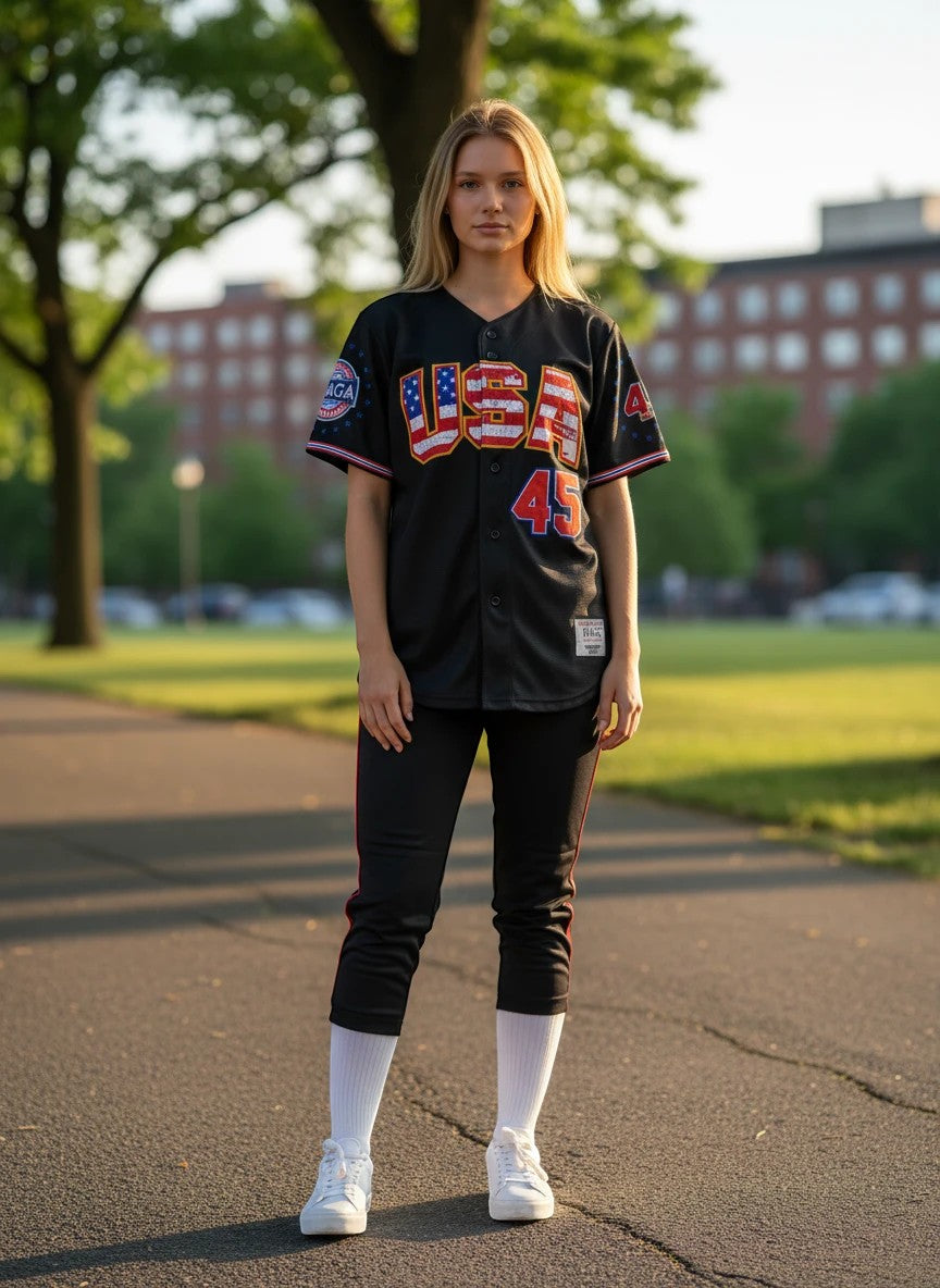 Throwback Rack black mesh baseball jersey with USA flag graphic, "Trump 45" on back, and "Maga" patch on sleeve.