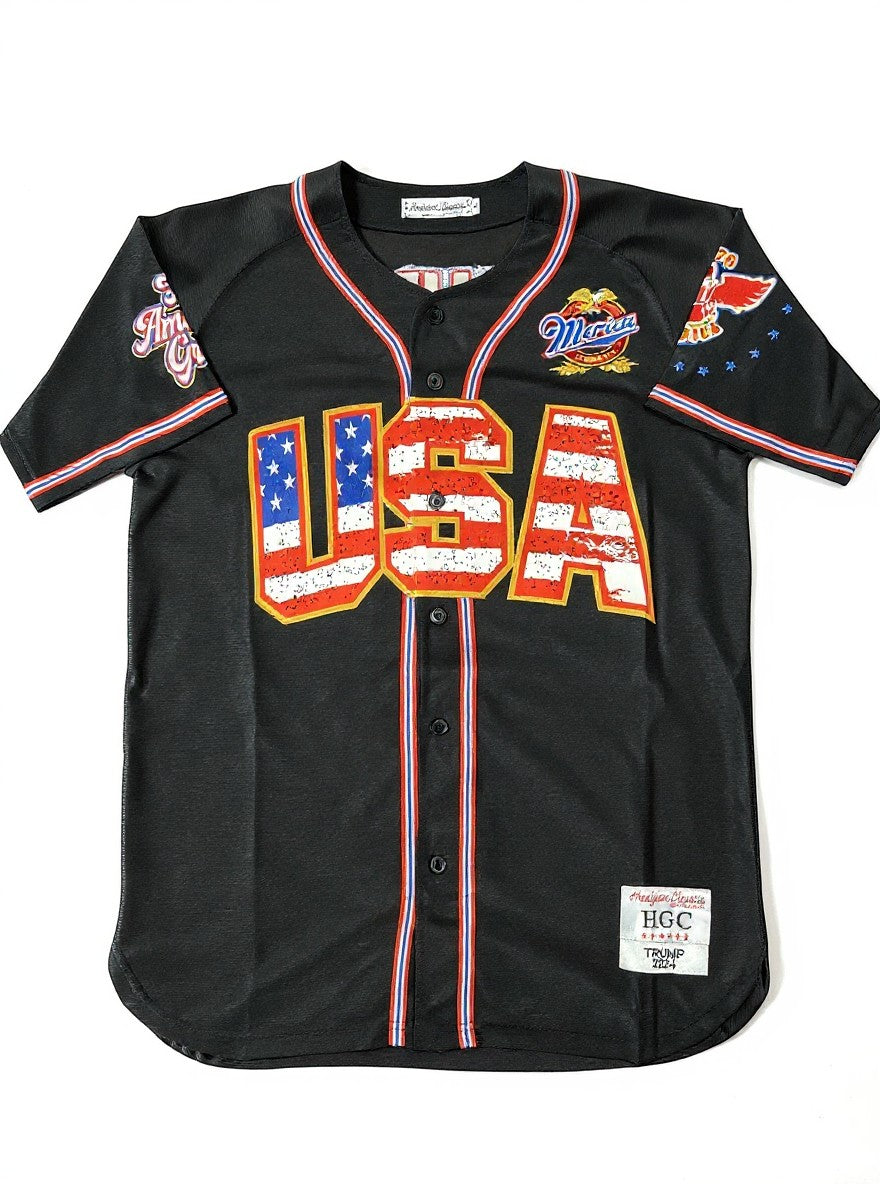 Throwback Rack black mesh baseball jersey with USA flag graphic, America and Maga patches, and Trump 45 lettering.