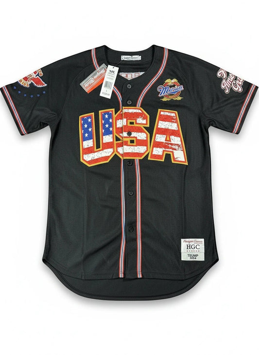 Throwback Rack black mesh baseball jersey with distressed USA flag graphic, "America" and "Maga" patches, and "Trump 45" lettering.