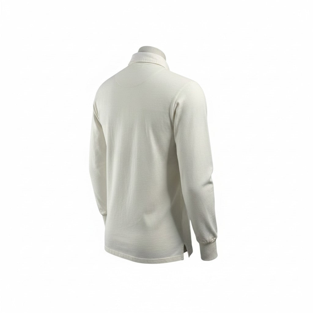 Throwback Rack USA Canterbury white long-sleeve rugby polo shirt with dark green horizontal stripes.