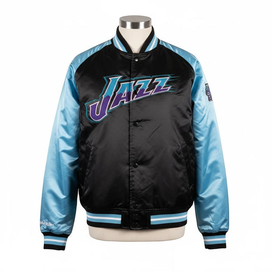 Throwback Rack Utah Jazz Mitchell & Ness heavyweight satin varsity jacket in black and light blue with embroidered logo