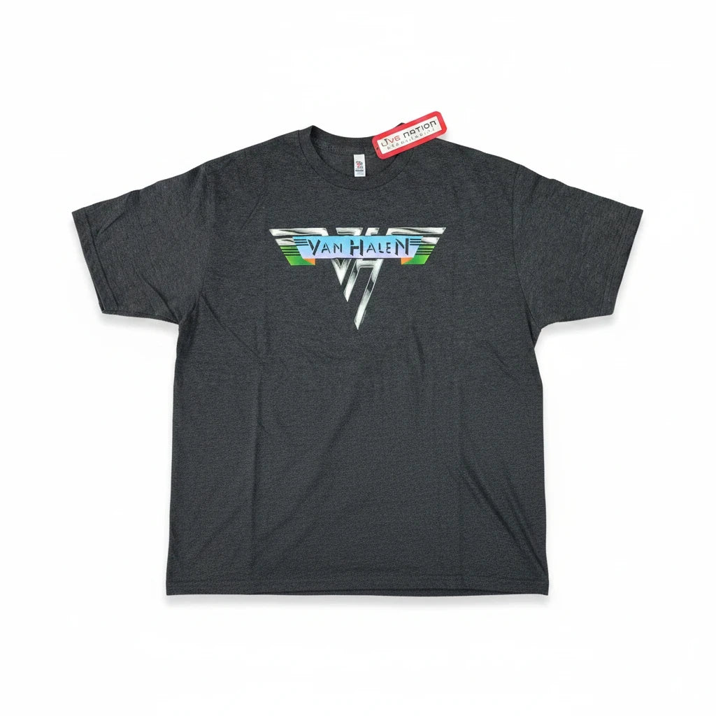 Throwback Rack charcoal heather grey Van Halen 2017 crewneck t-shirt with a metallic-style band logo graphic.