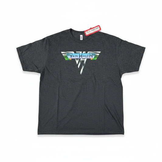 Throwback Rack charcoal heather grey Van Halen 2017 crewneck t-shirt with a metallic-style band logo graphic.