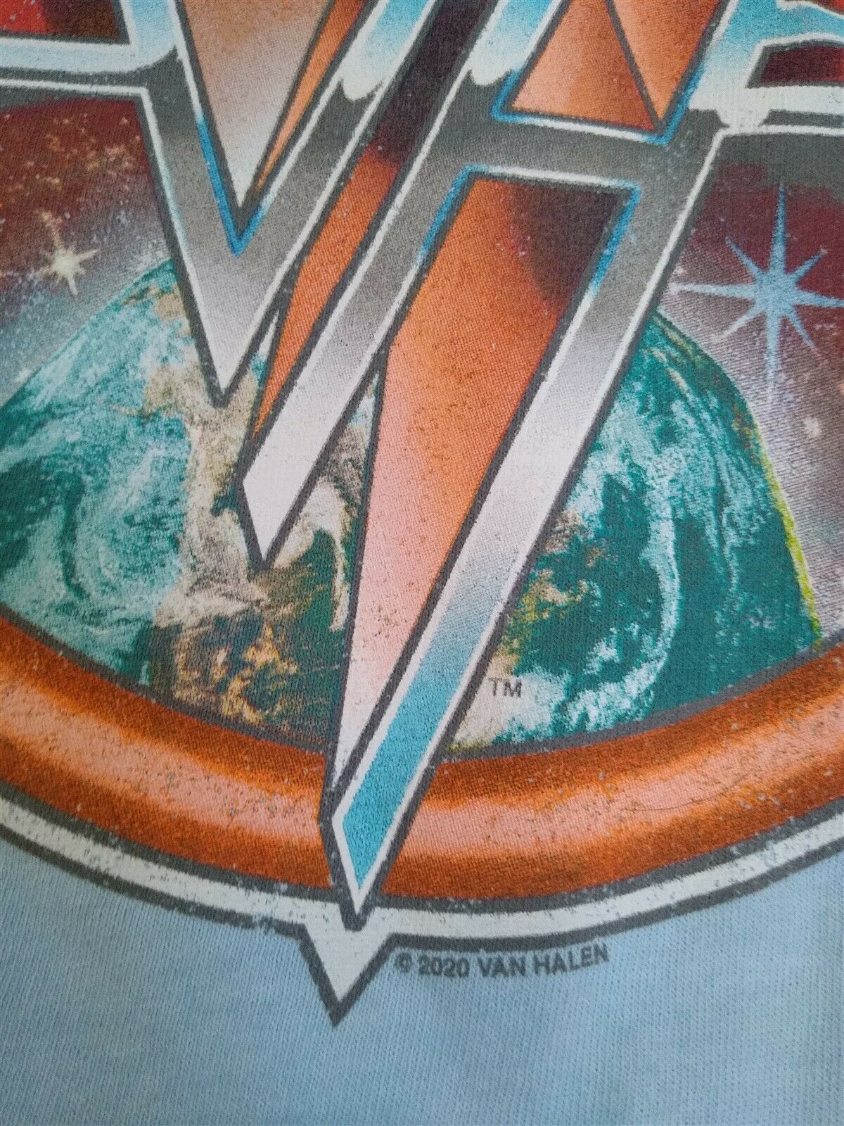 Throwback Rack light blue Van Halen 2020 crop top t-shirt featuring a cosmic earth graphic and iconic band logo