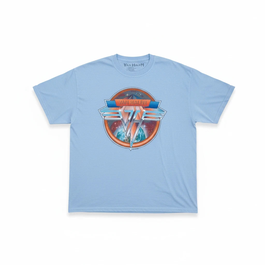 Throwback Rack light blue Van Halen crop top t-shirt with a retro cosmic band logo graphic on the front.