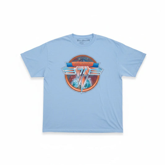 Throwback Rack light blue Van Halen crop top t-shirt with a retro cosmic band logo graphic on the front.