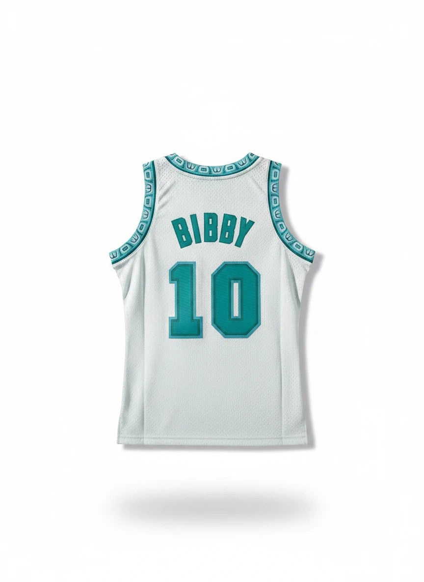Throwback Rack Mitchell & Ness Vancouver Grizzlies Mike Bibby 10 white and teal mesh basketball jersey back view