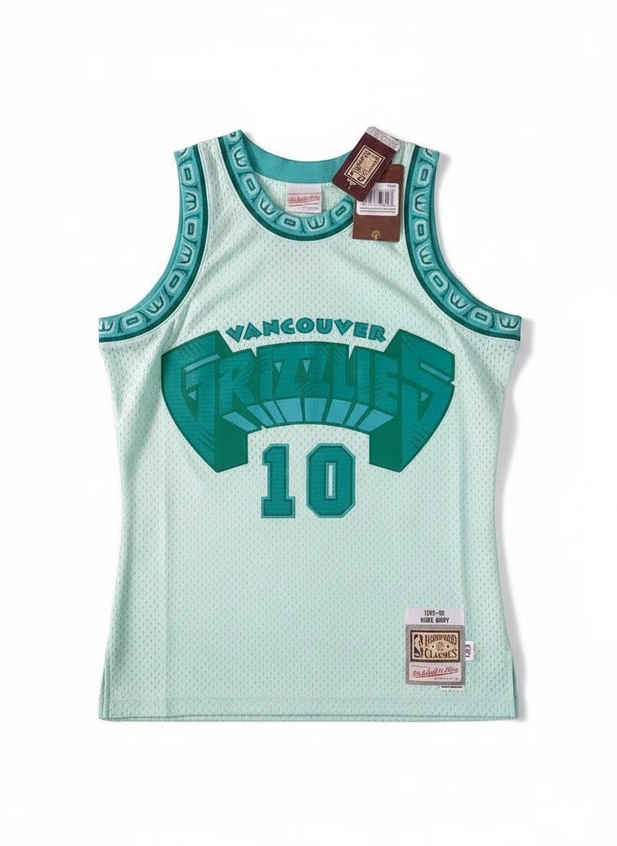 Throwback Rack Mitchell & Ness Vancouver Grizzlies Mike Bibby basketball jersey in teal mesh with number 10 graphic.