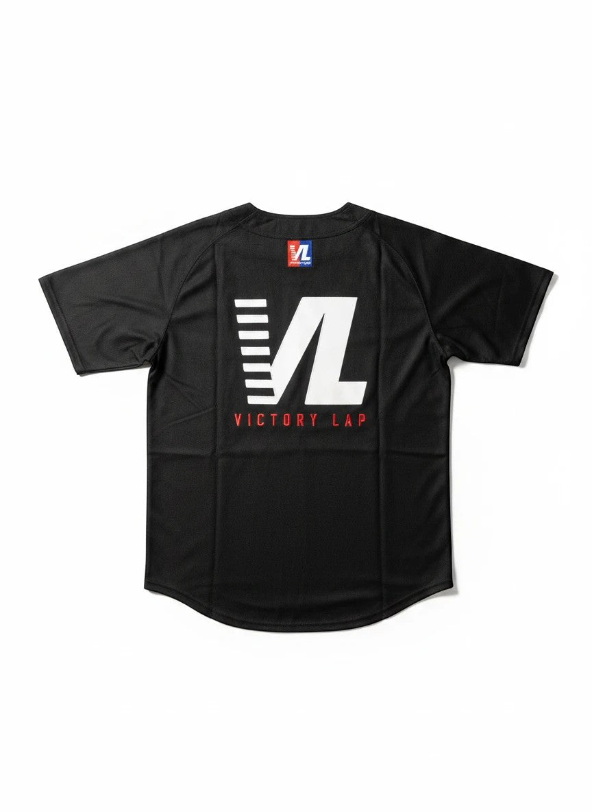Throwback Rack black baseball jersey with white VL logo and red Victory Lap text on back. Lightweight, breathable fabric.