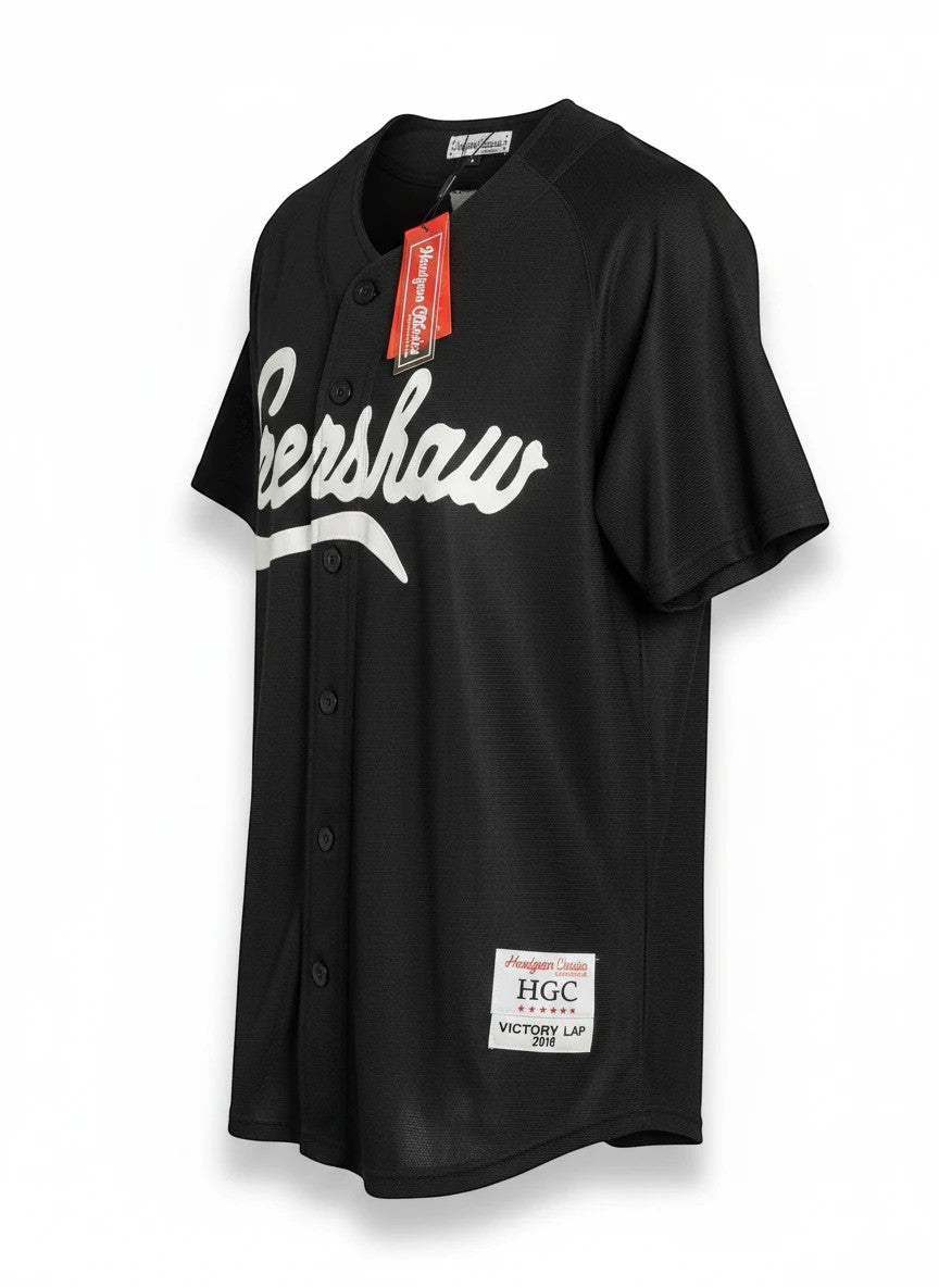 Throwback Rack black baseball jersey with white "Gershaw" lettering on chest and "VL Victory Lap" graphic on back.